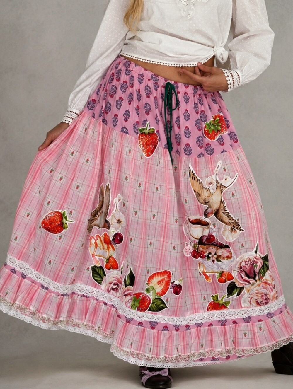 Maxi Skirt Vintage Lace Cottage European Cotton Tea Cup Rose Bird